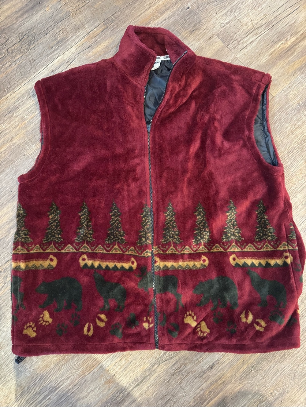 Glacier Gear Outdoor Maroon Red Fleece Vest Outdoor Bear Moose Print Sz XL/XXL